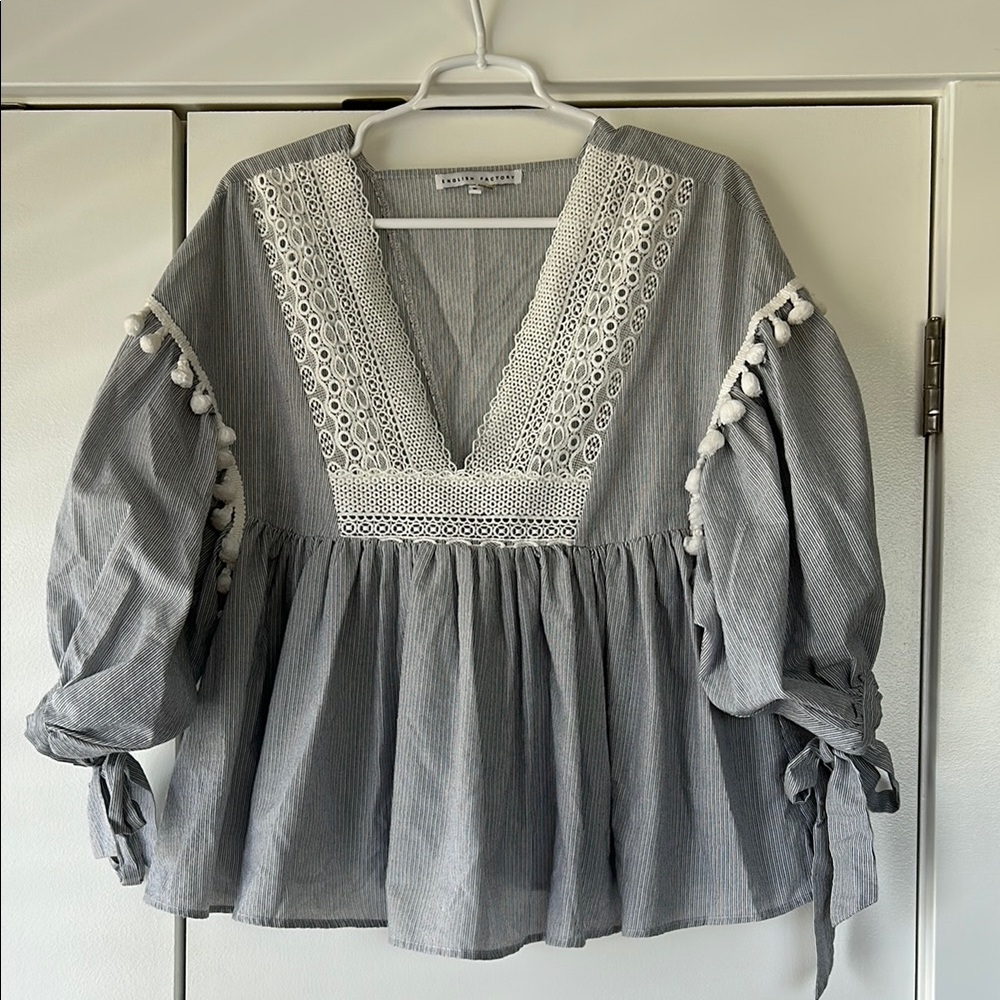 English Factory Blue Pin Striped Puff Sleeve Blouse with Ruffled Peplum